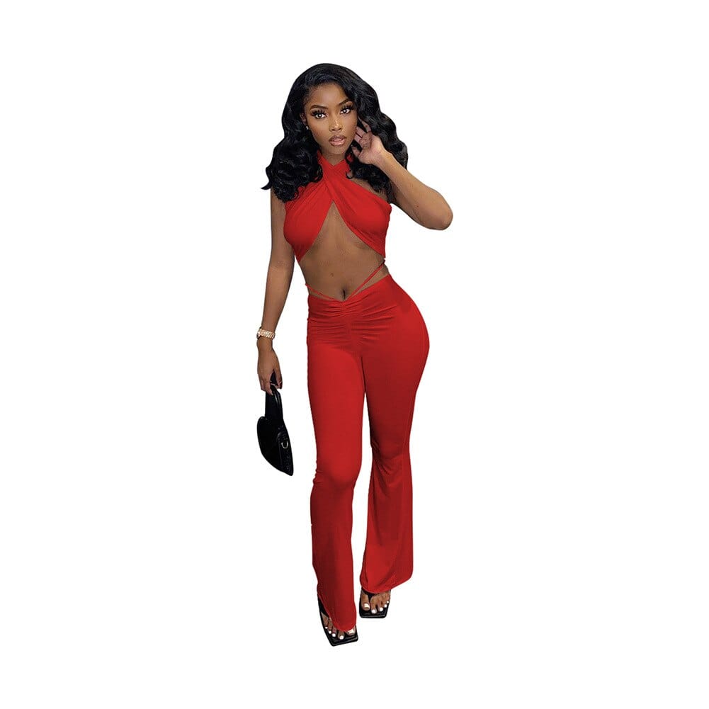 New Fashion Sexy Cross Lace-up Top and Trousers Two-piece Women&#39;s Waist Exposed Nightclub Party Clothes Slim Wide Leg Pants