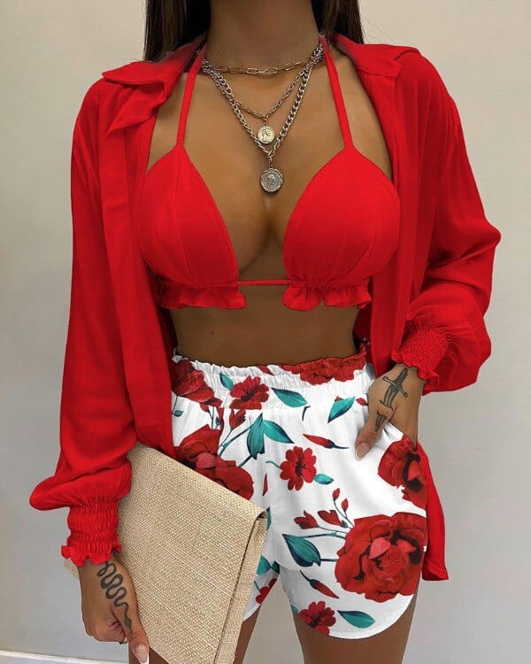 Summer 3 Piece Set Outfits Women Fashion Sexy Beach Style Printed Suspender Shirt Shorts Pant Suit Three Piece  Set Women