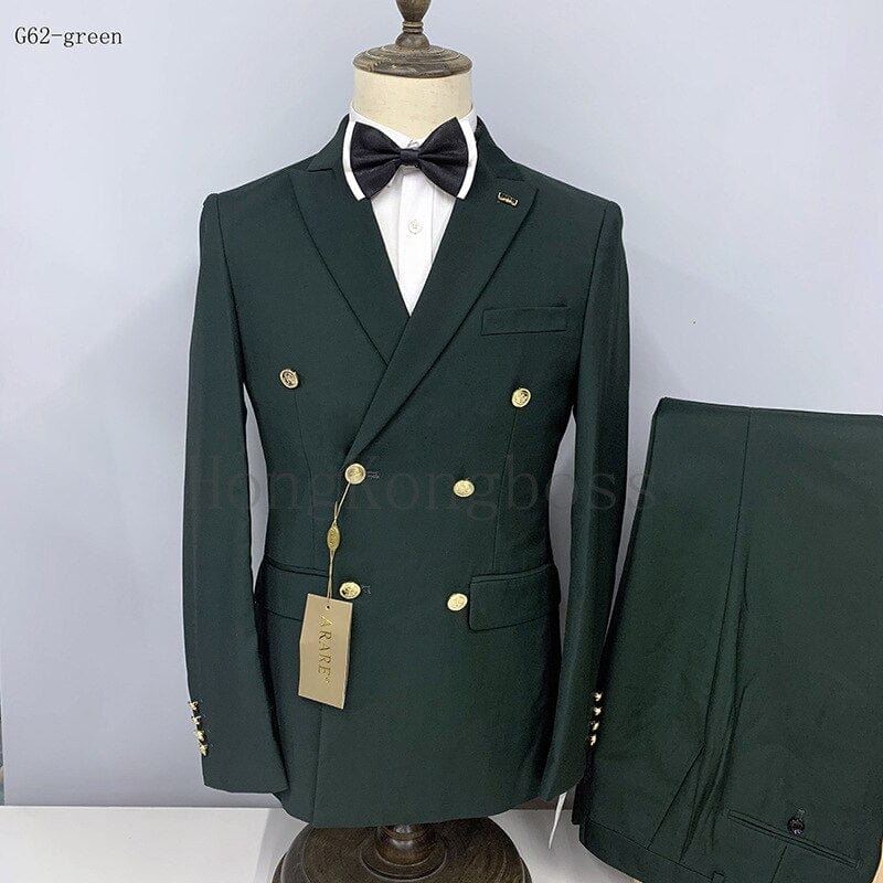 2 Pcs Suit Set Blazers Jacket Pants / Fashion Men Casual Business Pure Color Double Breasted Groom Wedding Formal Dress Suit