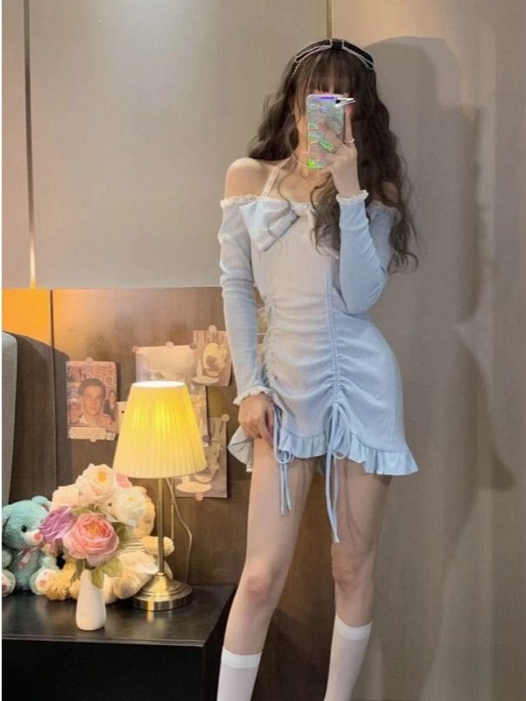 QWEEK Bodycon Wrap Sexy Dress Women Korean Style Design Kawaii Ruffles Lolita Short Dresses Lace Robe Female 2022 Autumn