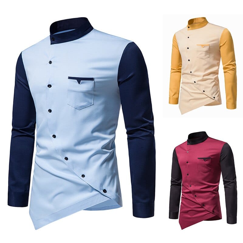 Spring and autumn men's long sleeved shirt personality casual diagonal button cute clothes evening dress luxury