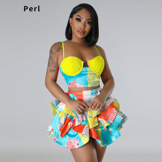 Perl Sling Printed Sequin Crop Top+petal Skirt Suit Charming Two Piece Sets Women Outfits Sexy Dress Sets Party Birthday Wear