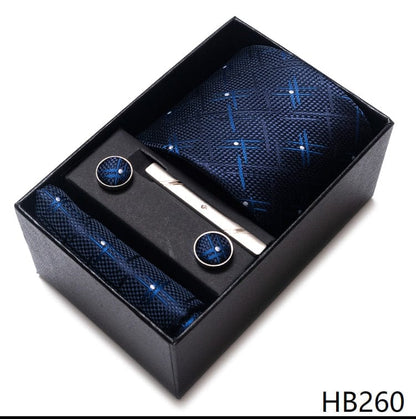 Silk Brand Tie Handkerchief Cufflink Set Necktie Holiday Gift Box Man's Blue Gold Suit Accessories Slim Cravat Wedding Gravatas