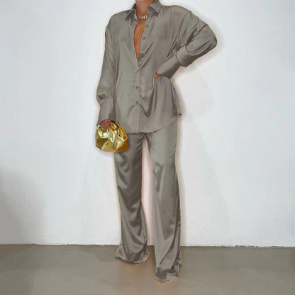 Elegant Satin Women Sets Casual Long Sleeve Shirt Straight Pants Suit  Pieces Outfits