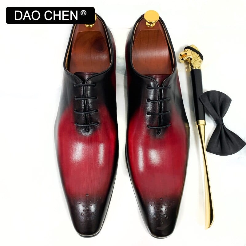 ELEGANT FORMAL MEN GENUINE LEATHER SHOES LACE UP POINTED TOE MAN DRESS SHOES RED MIX BLACK WEDDING BUSINESS OXFORD SHOES FOR MEN