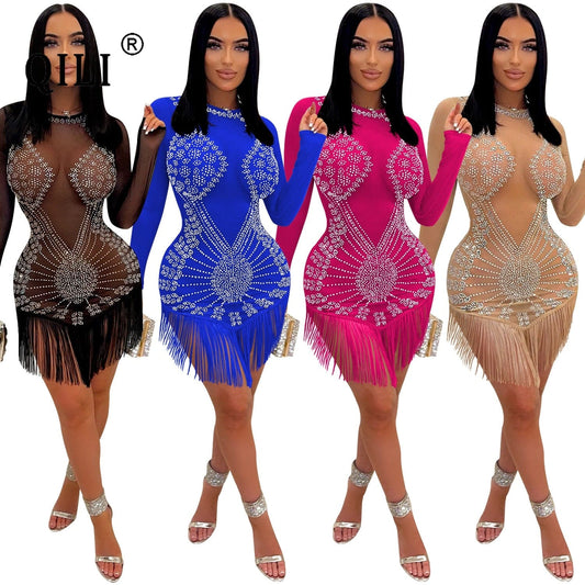 QILI See Through Mesh Diamonds Dress Black Blue Long Sleeve Rhinestone Mini Nightclub Dress Tassel