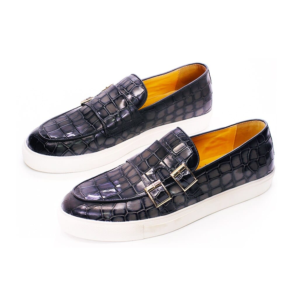 Luxury Brand Men&#39;s Loafer Shoes Gray Blue Crocodile Print Monk Strap Slip on Wedding Office Dress Casual Mules Leather Men Shoes