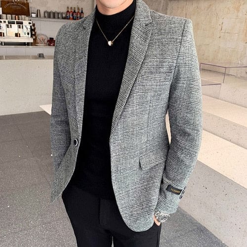 2022 New Men Casual Blazer British Style Business Slim Fit Plaid Suit Coat Long Sleeve Male Formal Single Buckle Suit Jacket