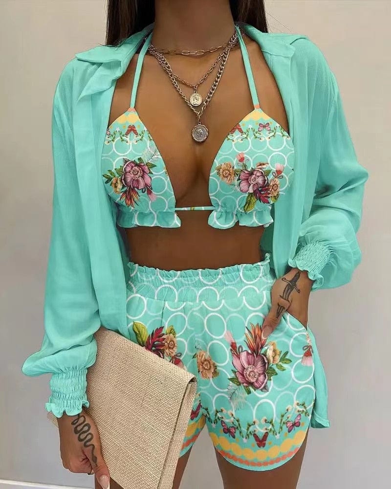 Summer 3 Piece Set Outfits Women Fashion Sexy Beach Style Printed Suspender Shirt Shorts Pant Suit Three Piece  Set Women