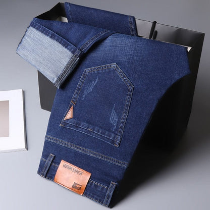 Straight Men's Classic Blue Black Grey Denim Elastic Regular Fit Male Stretch Jeans Business Casual  Style Pants