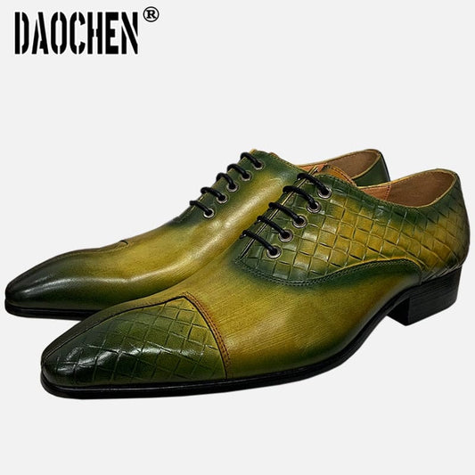 Luxury Design Men Oxford Shoes Lace up Split Toe Weave Printing Black Green Men Dress Shoes Office Wedding Leather Shoes For Men