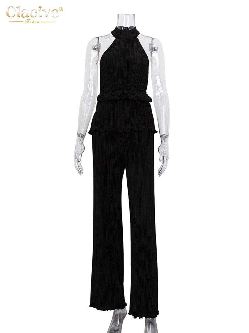 Clacive Sexy Backless Tank Top Set Woman 2 Piece Summer White Pleated Trouser Suits Female Elegant High Waist Wide Pants Set