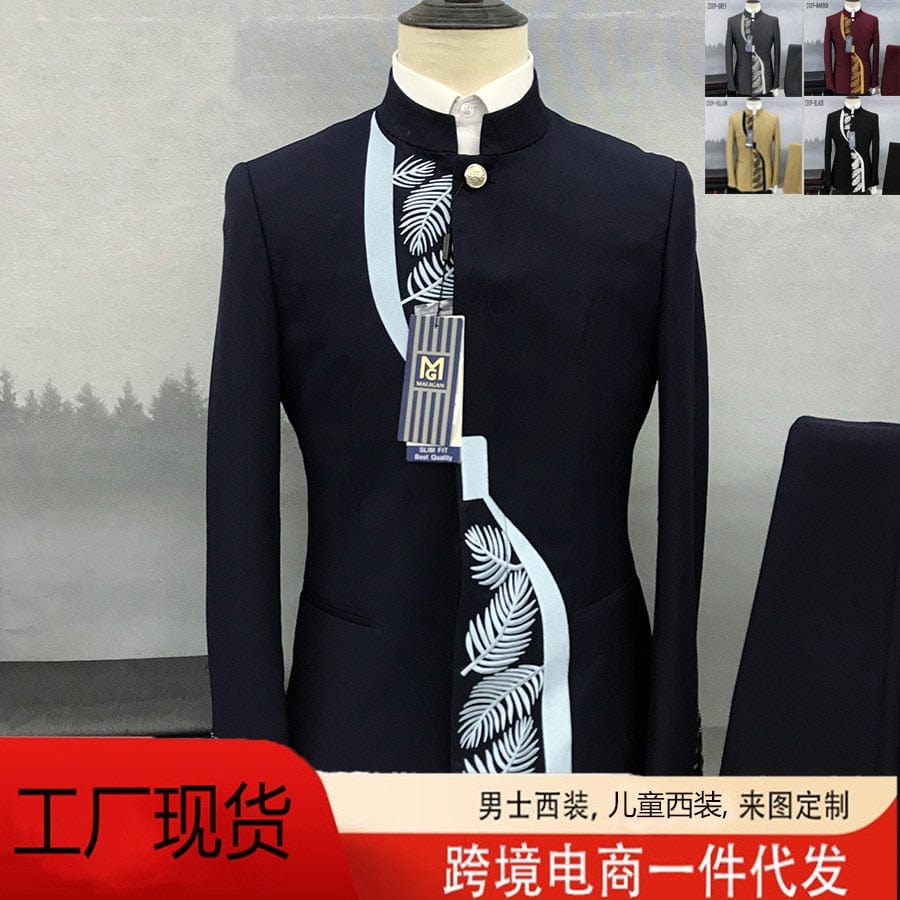 2022 Fashion New Men&#39;s Casual Boutique Chinese Stand Collar Tunic Design Suit 2 Piece Set Blazers Jacket Coat Pants Trousers