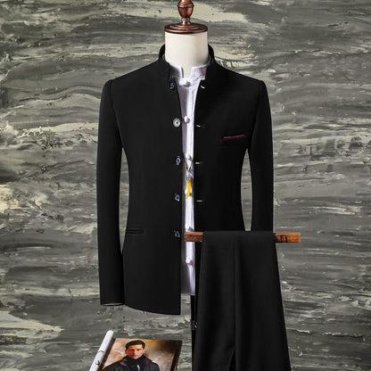 2 Pcs Set Stand Collar Blazers Jacket Pants /  Fashion New Men's Casual Boutique Business Solid Color Suit Coat Trousers