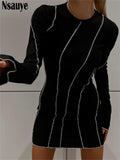 Nsauye Sexy Club Ribber Knitted Y2K Mini Bodycon Party Women Dress Autumn Striped O Neck Long Sleeve Fashion Dress