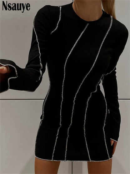 Nsauye Sexy Club Ribber Knitted Y2K Mini Bodycon Party Women Dress Autumn Striped O Neck Long Sleeve Fashion Dress
