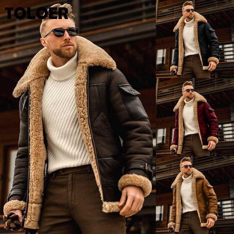 Fashion Jacket Men Vintage Thicken Coat Mens Zipper Artificial Fur Collar Jacket Long Sleeve Padded Leather Jacket Plus Size 5XL