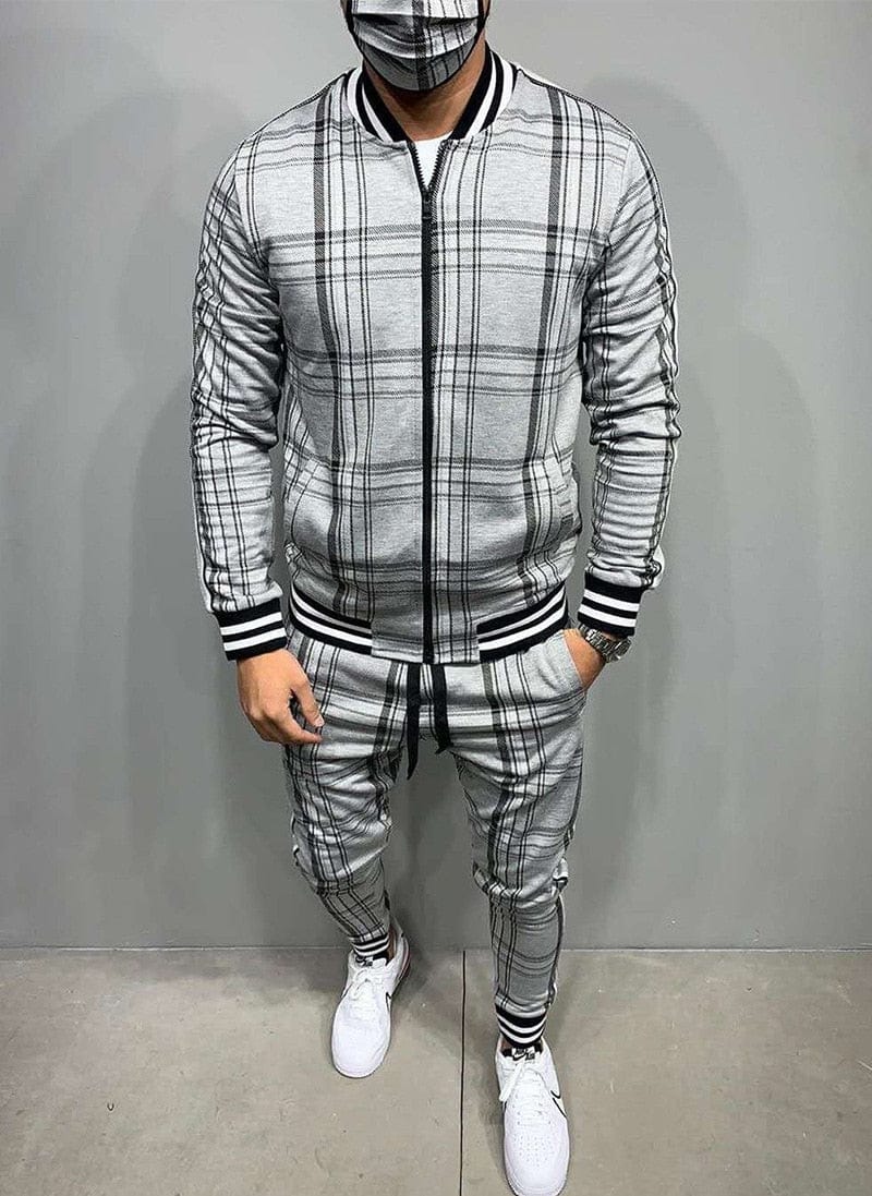 2022 Casual Suit Men Sportswear Two Piece Outfits Stripe Outerwear Plaid Set Zipper Spring Autumn Jacket Male Gentlemen Clothing