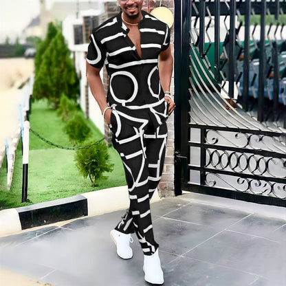 Fashion Spring Summer Men's Casual Two Piece Sets Short Sleeve Tops And Long Pants Suit Pattern Print Outfit Men Streetwear