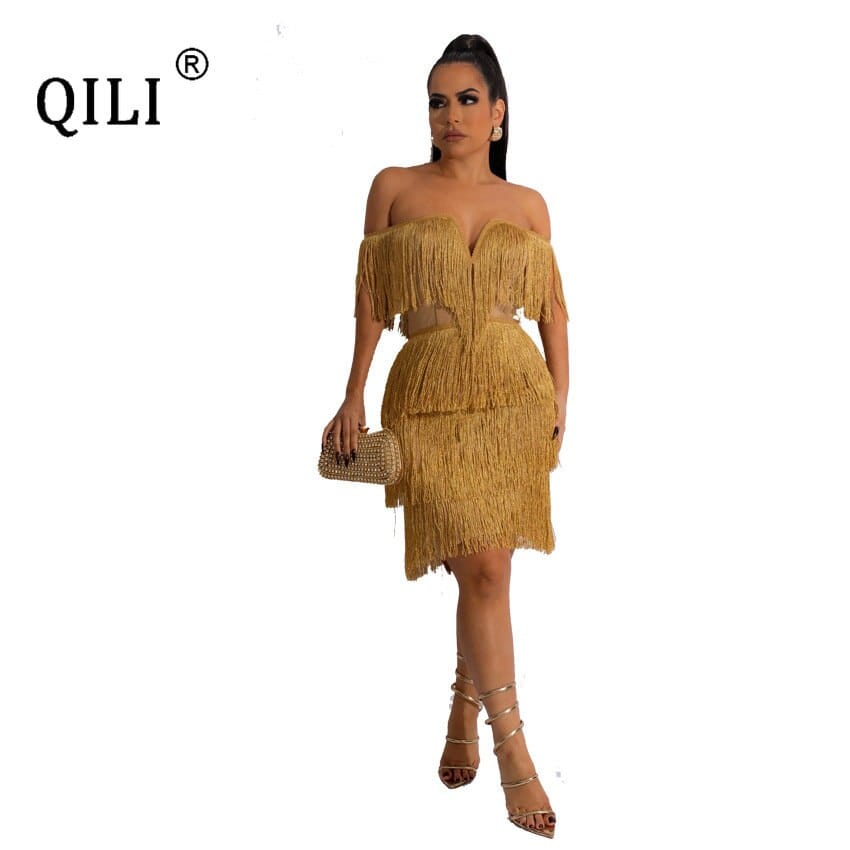 QILI Off The Shoulder Tassel Sexy Dresses for Women 2023 White Black Dress Elegant Cascading Tassels Vestido Feminino