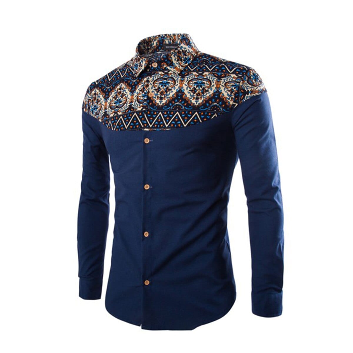 FEGKZLI Men Formal Shirts In African Print Style Stand Collar Button Shirts Navy Long Sleeve Cotton Homme Clothes Tops M-3XL