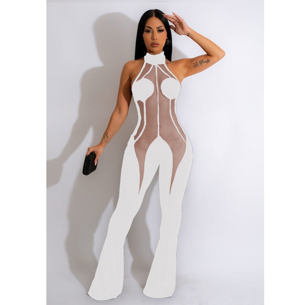 Sexy Halter Backless Long Jumpsuit Women Patchwork Mesh Bodycon Rompers Summer Wide Leg Pants See Through One Piece Club Outfit