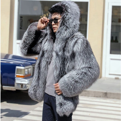 Men's Faux Fur Coat Winter Thicken Fluffy Long Sleeve Warm Outerwear Luxury Bontjas Jacket Hooded Plush  Windbreaker Coats