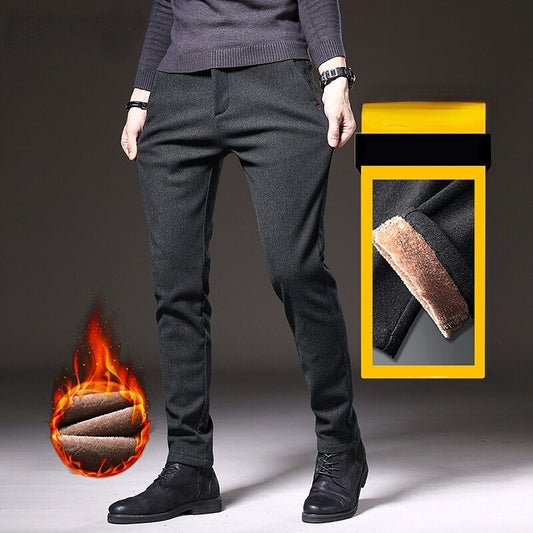 2022 Winter New Men&#39;s Thermal Business Casual Pants Trendy Slim Fit Stretch Thicken Fleece Liner Elegant Cotton Trousers