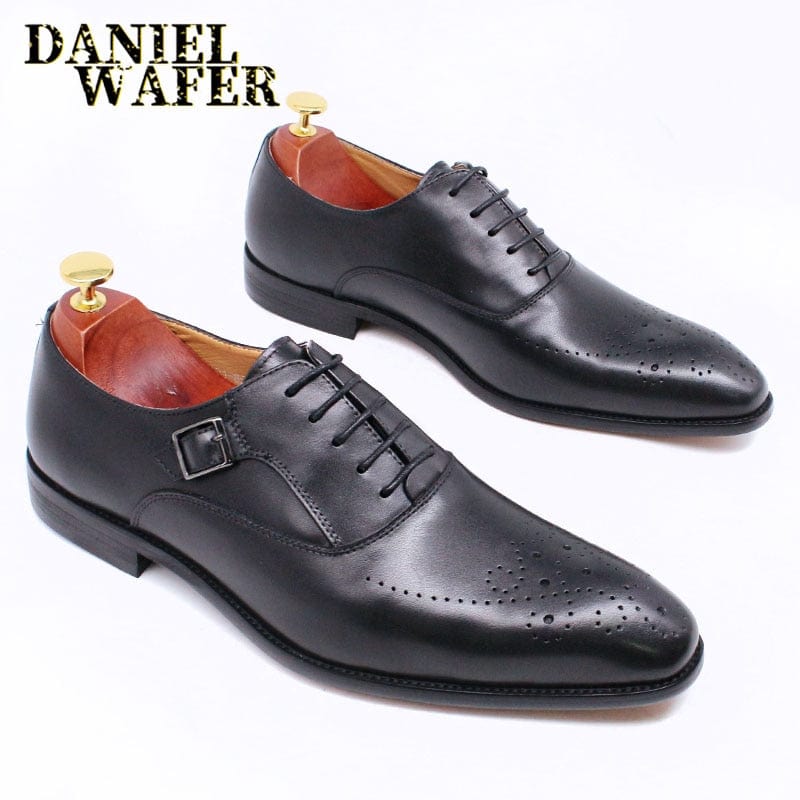 ELEGANT MEN GENUINE LEATHER OXFORD SHOES MEN BUCKLE STRAP OFFICE DRESS WEDDING SHOES BROWN BROGUE POINTED TOE MEN FORMAL SHOE