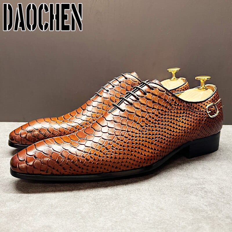 Luxury Men Oxford Shoes Black Brown Snake Skin Prints Classic Style Men Dress Leather Shoes Lace Up Pointed Toe Formal Shoes Men