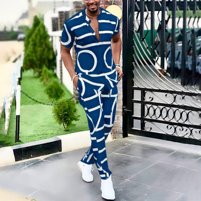 Fashion Spring Summer Men's Casual Two Piece Sets Short Sleeve Tops And Long Pants Suit Pattern Print Outfit Men Streetwear