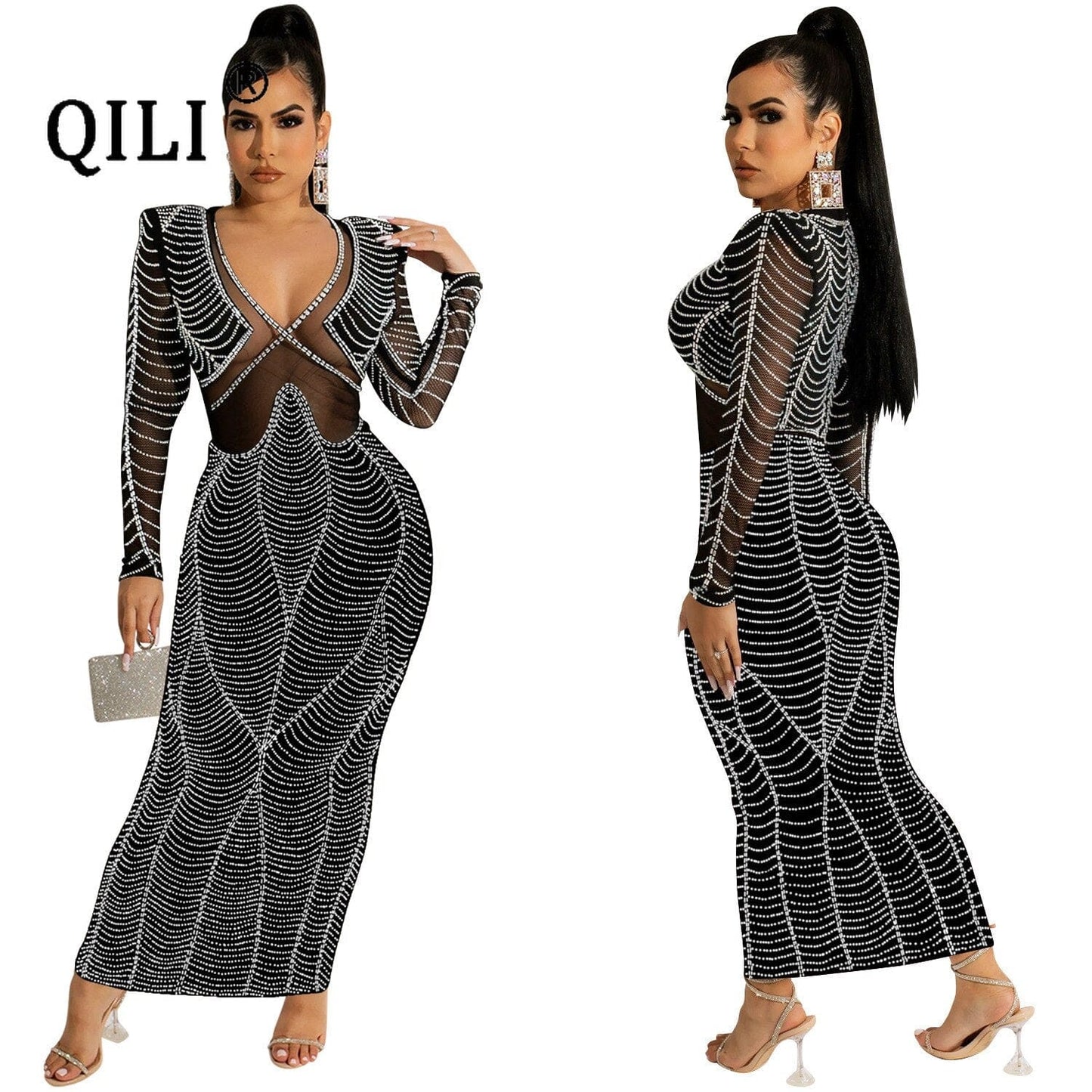 QILI 2022 New Sexy Club Ladys Dress Mesh Perspective Party Dress Diamonds V-neck Long Dress Personalized Diamonds Dress