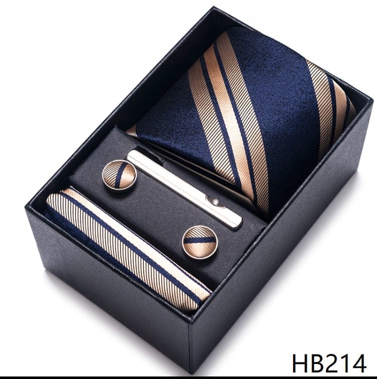 Silk Brand Tie Handkerchief Cufflink Set Necktie Holiday Gift Box Man&#39;s Blue Gold Suit Accessories Slim Cravat Wedding Gravatas