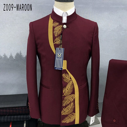 Fashion New Men's Casual Boutique Chinese Stand Collar Tunic Design Suit 2 Piece Set Blazers Jacket Coat Pants Trousers