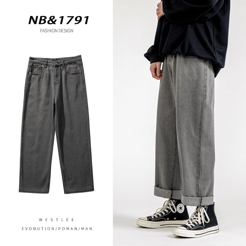 Korean Fashion Men&#39;s Baggy Jeans Classic All-match Solid Color Straight-leg Denim Wide-leg Pants Male Light Blue Grey Black