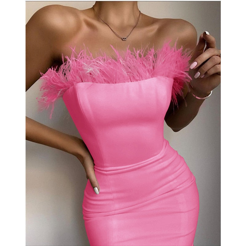 New Summer Sexy Strapless Backless Feather Black Midi Women Bodycon Bandage Dress 2022 Designer Fashion Party Club Dress Vestido