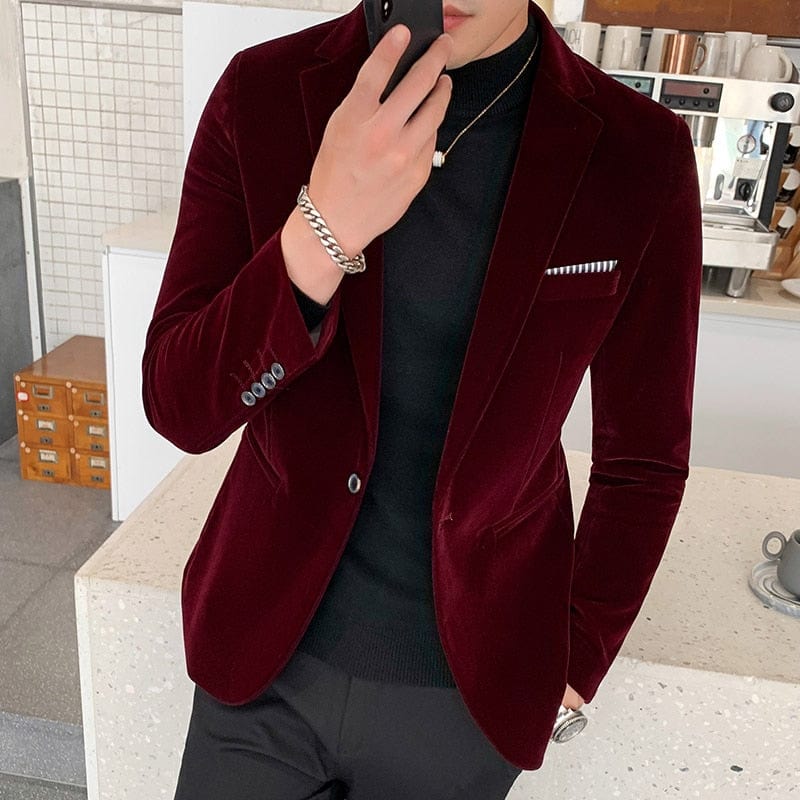 Burgundy Velvet Blazers for Men Fashion Casual Suits Jackets Men Wedding Groom Singer Costume Slim Blazer Formal Wear Dress 5XL