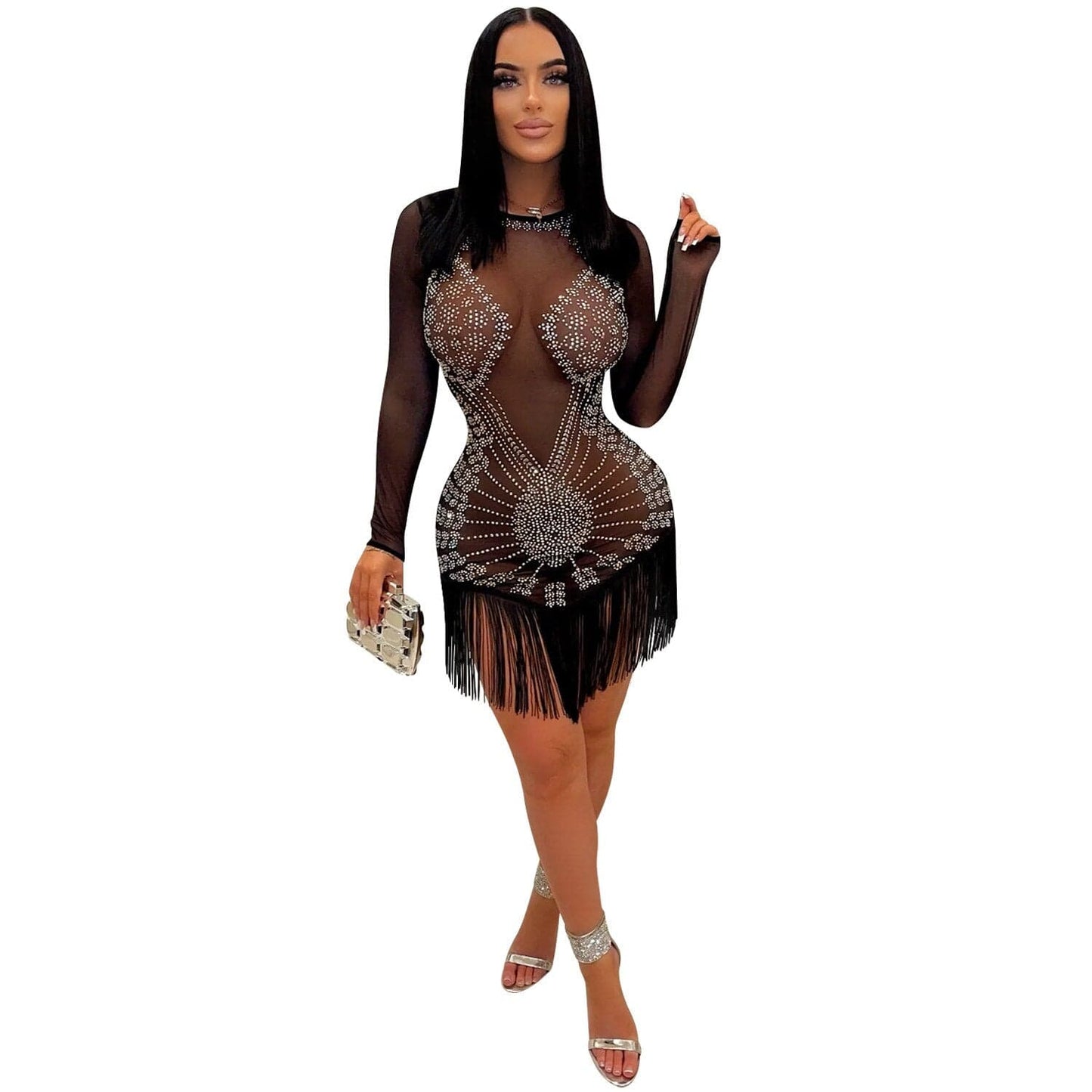 QILI See Through Mesh Diamonds Dress Black Blue Long Sleeve Rhinestone Mini Nightclub Dress Tassel