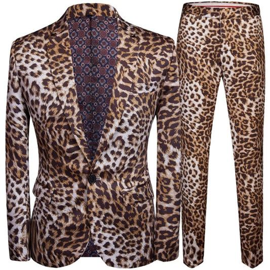 2022 Fashion Men&#39;s Casual Boutique Leopard Print Nightclub Style Suit Jacket Pants / Male Two Pieces Blazers Coat Trousers Set