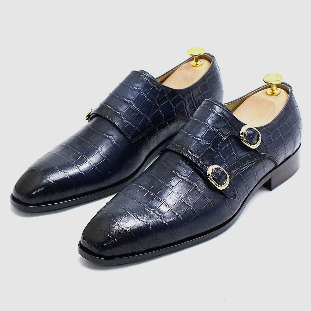 Men&#39;s Monk Strap Dress Shoes Genuine Leather Handmade Fashion Crocodile Pattern Double Buckle Business Wedding Formal Shoes Man