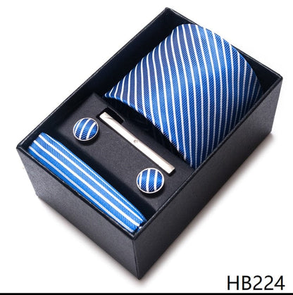 Silk Brand Tie Handkerchief Cufflink Set Necktie Holiday Gift Box Man's Blue Gold Suit Accessories Slim Cravat Wedding Gravatas