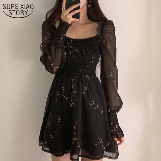 Spring Womens Sexy Black Dress Vintage Flower Long Puff Sleeve Chiffon Dresses Korean Casual Mini Vestidos Mujer Clothes 13676