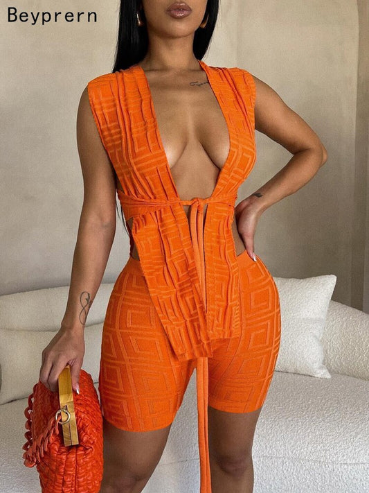 Beyprern Attention On Me Romper Fashion Tie Front Geometric Crop Top And Matching Shorts Two-Piece Set Rave Outfit Sexy Clubwear