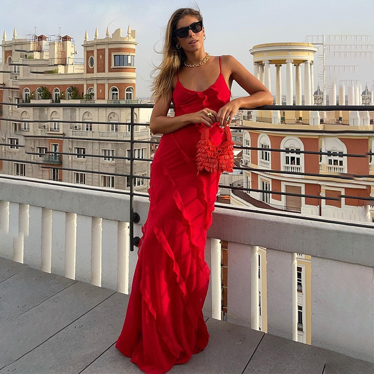 Rochie maxi elegantă cu decolteu în V pentru femei, sexy, cu volane, fără spate, rochii de club de petrecere, 2023, la modă, pentru plajă, rochie de soare despicată