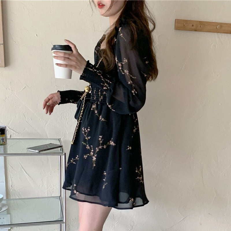 Spring Womens Sexy Black Dress Vintage Flower Long Puff Sleeve Chiffon Dresses Korean Casual Mini Vestidos Mujer Clothes 13676