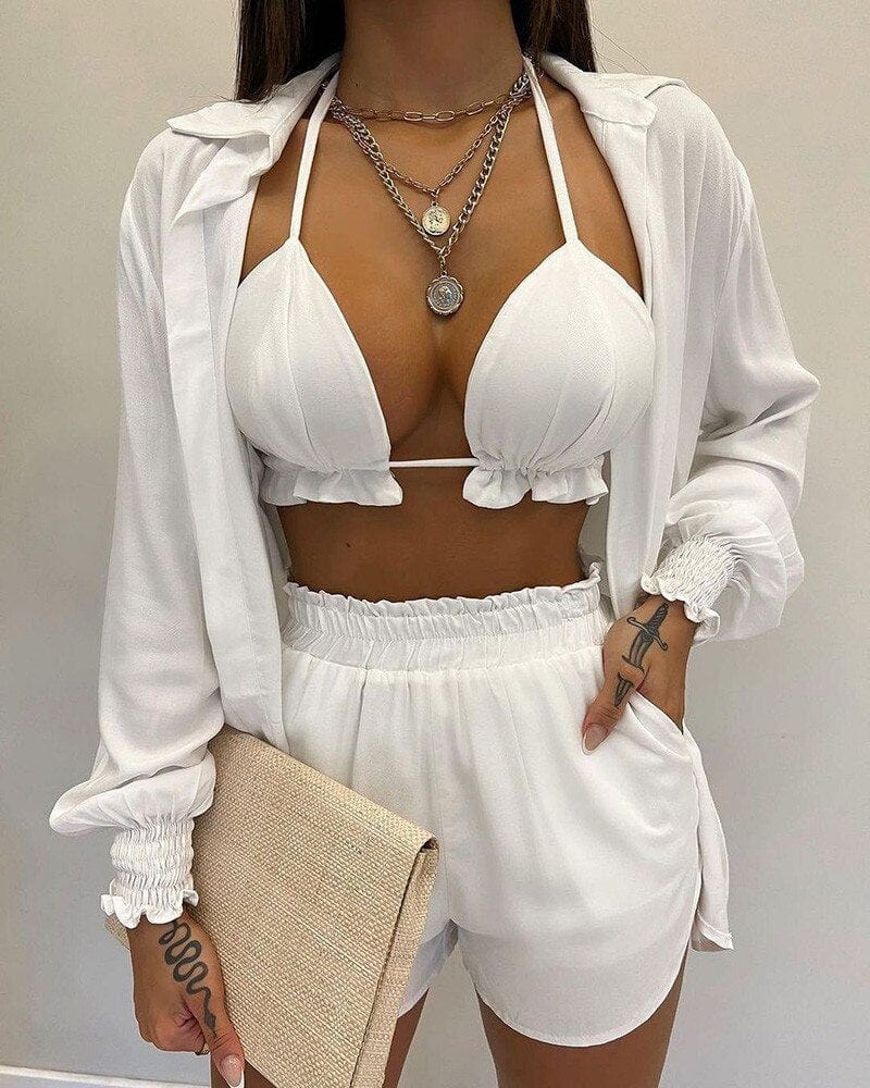 Summer 3 Piece Set Outfits Women Fashion Sexy Beach Style Printed Suspender Shirt Shorts Pant Suit Three Piece  Set Women