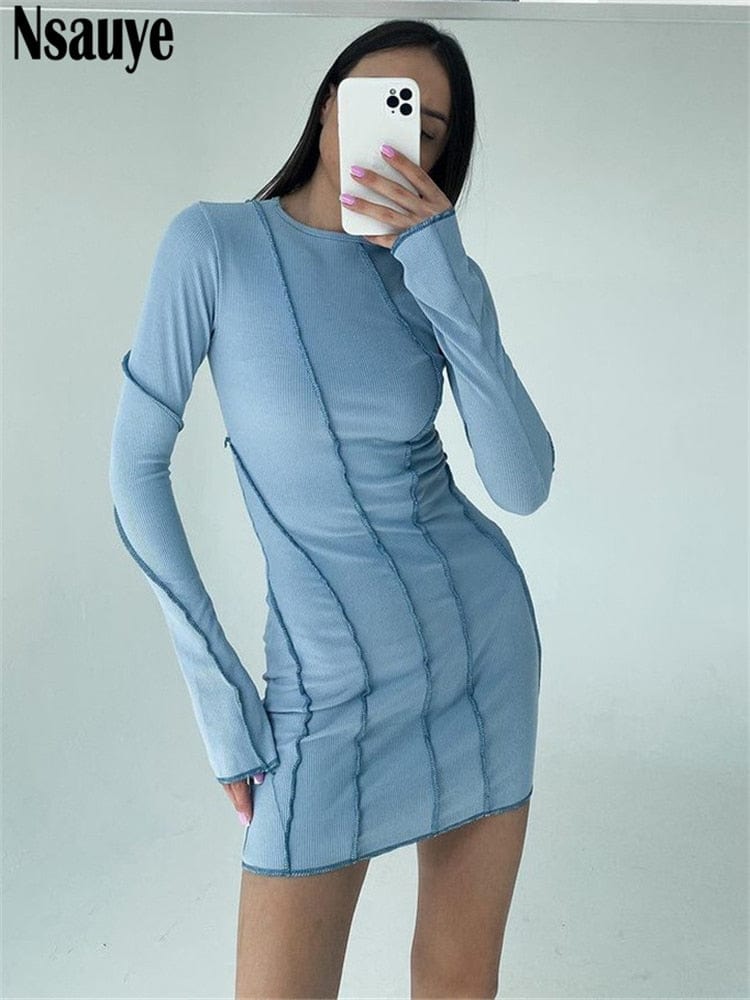 Nsauye Sexy Club Ribber Knitted Y2K Mini Bodycon Party Women Dress Autumn Striped O Neck Long Sleeve Fashion Dress 2022