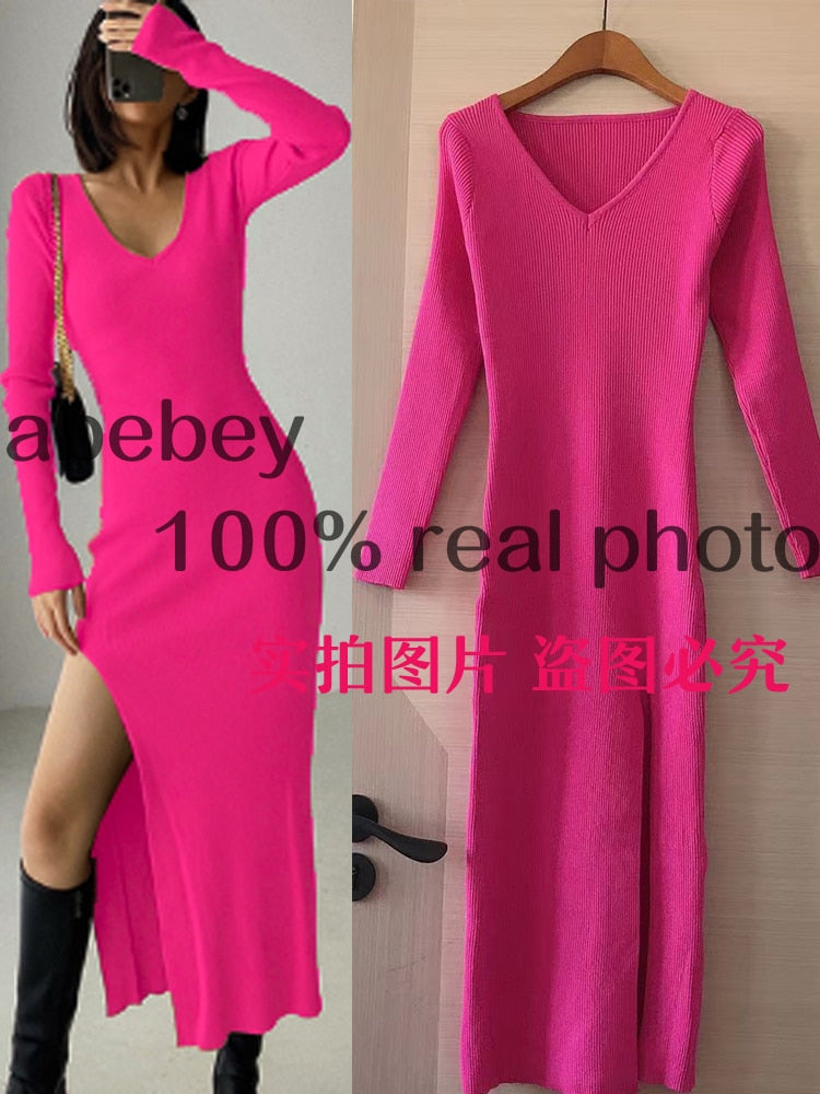 spring and winter sexy French slit sweater dress female slim tight-fitting hip-knit over-the-knee dresses