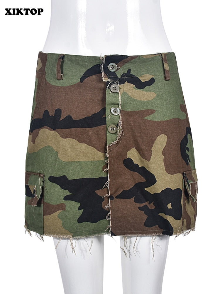 XIKTOP Camouflage Skirt Women 2023 Sexy Side Slit Y2K Pockets Patchwork Summer Casual All-Matching Mini Skirts Hipster Street