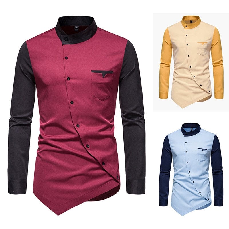 Spring and autumn men's long sleeved shirt personality casual diagonal button cute clothes evening dress luxury